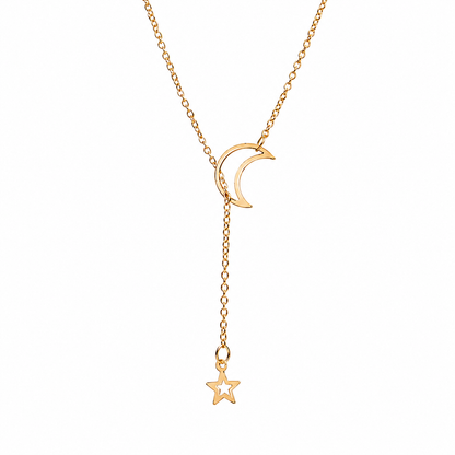 Gold moon and star lariat necklace with open crescent moon slider and hollow star drop