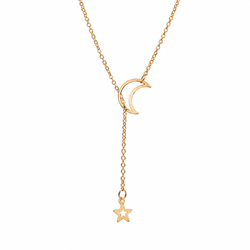 Gold moon and star lariat necklace with open crescent moon slider and hollow star drop