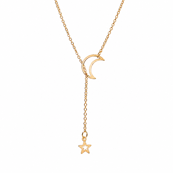 Gold moon and star lariat necklace with open crescent moon slider and hollow star drop
